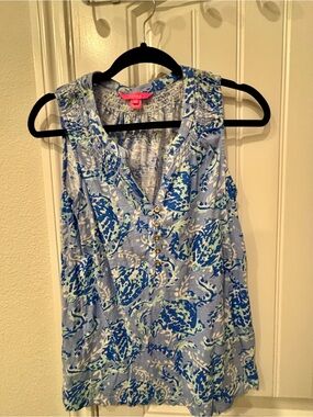 Lilly Pulitzer Blue Multi-Print Sleeveless Henley Tank